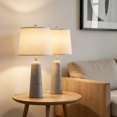 Set Of 2 Modern Concrete Table Lamps With LED Bulbs, Faux Stone Nightstand Lamps For Bedroom And Living Room, Travertine Inspired Design With Heavy Base