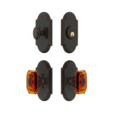 Grandeur Arc Short Plate Entry Set with Baguette Amber Crystal Knob in Antique Pewter