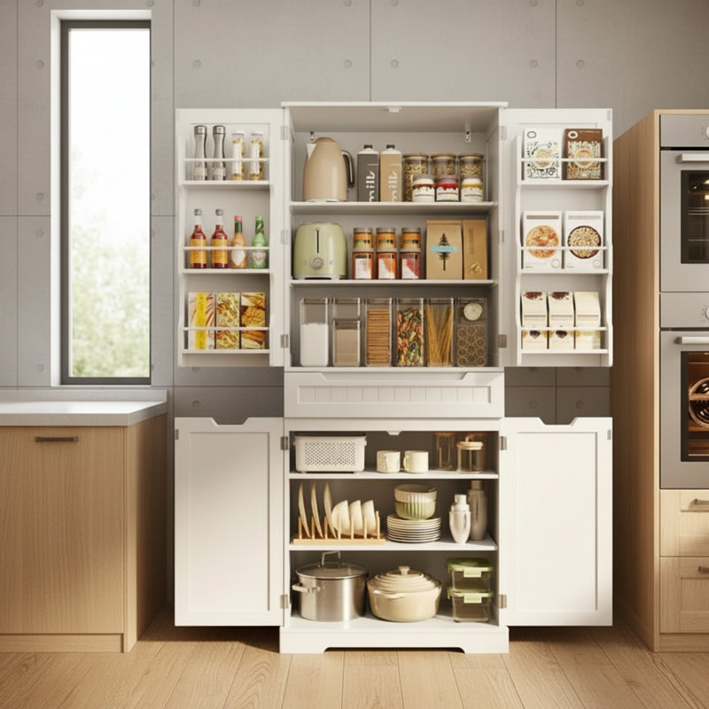 Armoire de rangement blanche avec portes et tablettes, idéale pour la cuisine et la salle de bain.