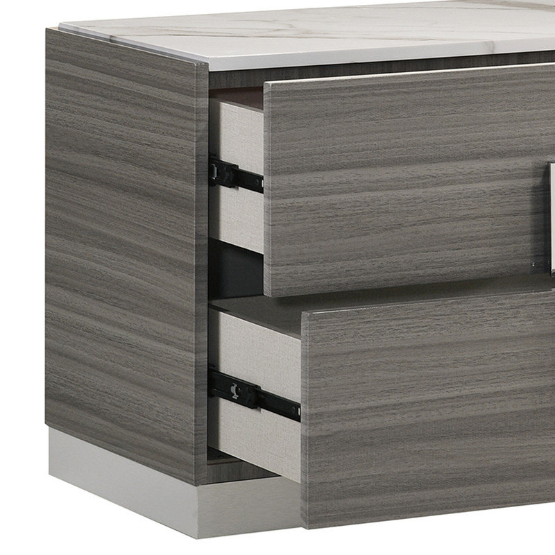 Table de chevet moderne à 2 tiroirs, plateau en faux marbre de Carrare avec placage en érable gris moucheté