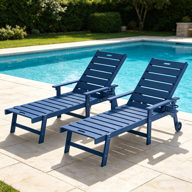 Chaise longue d'extérieur toutes saisons à 5 positions avec 5 positions, facile à installer, avec accoudoirs larges, porte-gobelets rotatifs et roues à roulement lisse pour piscine / bord de piscine / plage / terrasse / patio / arrière-cour, bleu foncé (ensemble de 2)