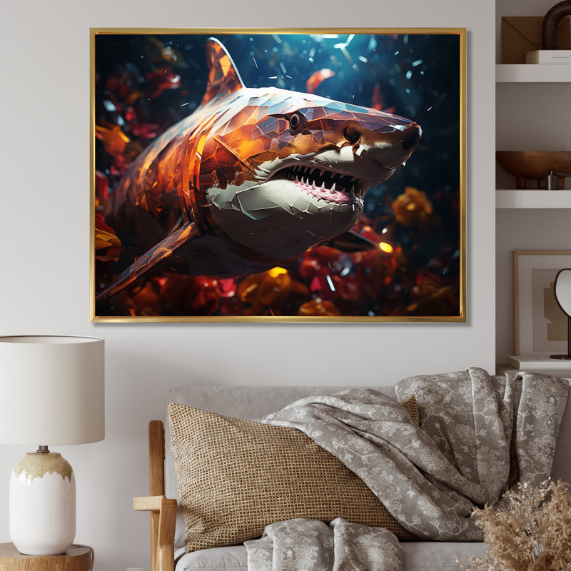 " Blue Shark Predators Glare Geometric I ", 34" H x 44" W x 1.5" D, Gold Floater Framed