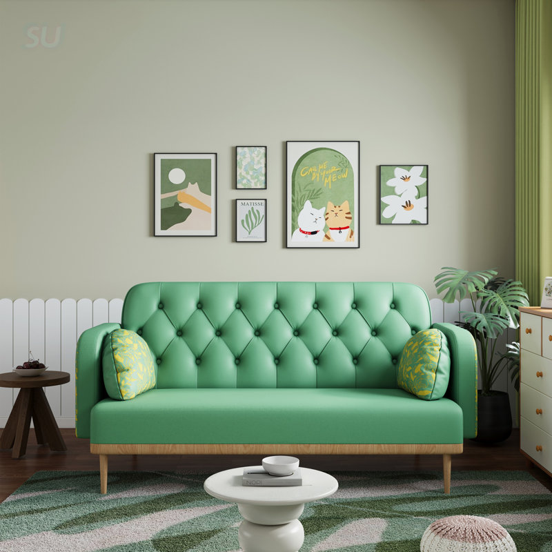 Canapé moderne à motif de tulipe à motif tulipe vert avec revêtement en polyuréthane et 2 coussins décoratifs en forme de boulette