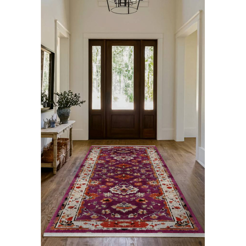 Gracilynn Collection Digital Print Cotton-Polyester Purple Floral Rug, Runner 2'8" x 13'2"