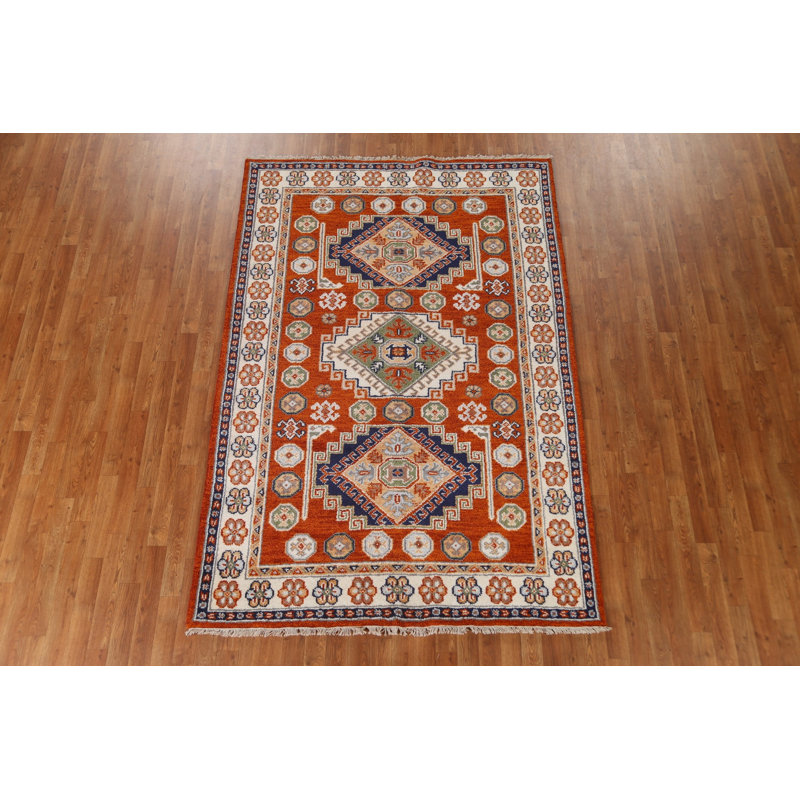 Tapis oriental géométrique Kazak noué à la main 5 x 8