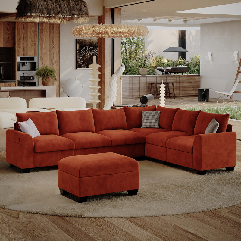 120 '' L-Shaped Modular Sectional Sofa, 6-Seater Cushioned Cloud Couch, With Ottoman Storage And USB, Orange Linen