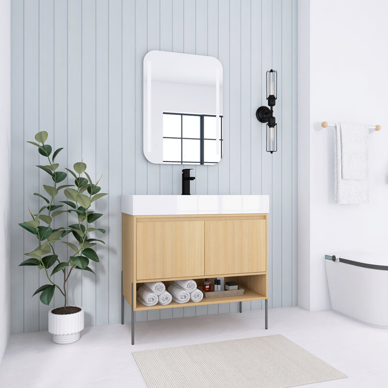 Meuble-lavabo autoportant de 36 pouces avec lavabo en résine, portes à fermeture douce, chêne original, Trou unique, 35.45"