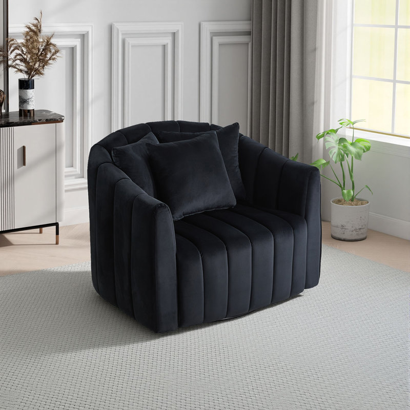 Modern Velvet Upholstered Swivel Barrel Armchair With Three Pillows, Black
