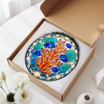 Blue Tang Fish and Coral in Stained Glass Circle Canvas Wall Art