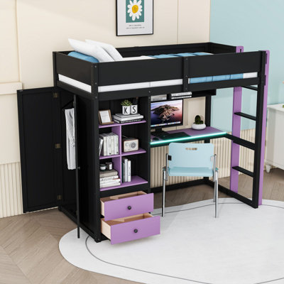 Lit mezzanine en bois à 2 tiroirs avec bureau, armoire, étagères, ports USB et éclairage DEL