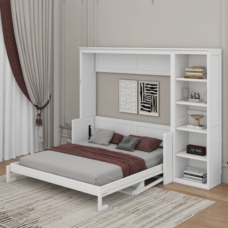 Grand lit escamotable avec bureau et bibliothèque, Blanc, Grand