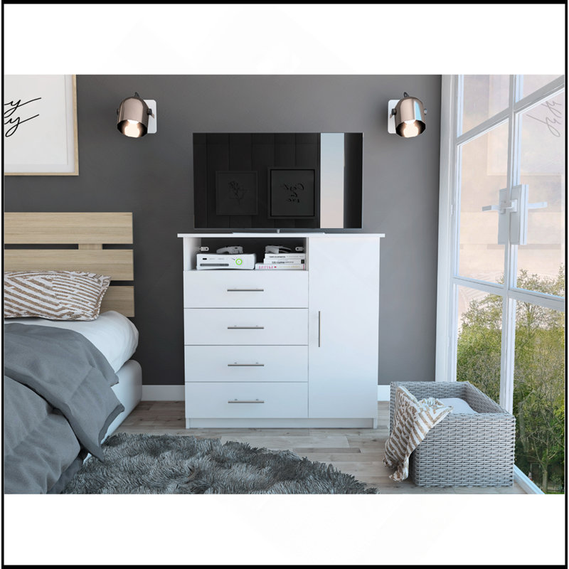 Peru 4 Drawer Dresser, Single Door Cabinet, One Open Shelf, Superior Top -White, White