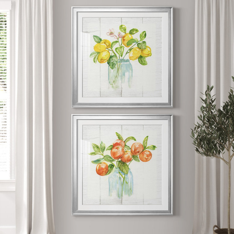 Branches de citron - ensemble de 2 impressions, Blanc, Papier avec cadre argenté, H 34,5 po x l 69 po x P 1,5 po