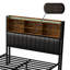Industrial Metal Upholstered Storage Bed With Bookcase Headboard & Charging Station (USB/Type-C), Rustic Brown & Black PU Frame With LED & 2 Drawers, EU Double & King 140/160X200cm-386905197