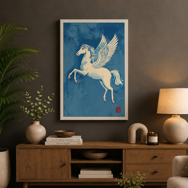 Pegasus in Flight Japandi - Wrapped Canvas, Ochre Border, 24x16 - 61.0 x 40.6 cm