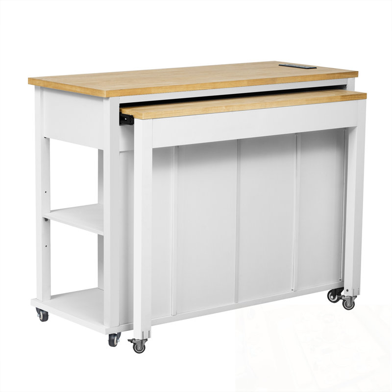 Kitchen Island with Extendable Table, 2 Drawers and 2 Cabinets, White