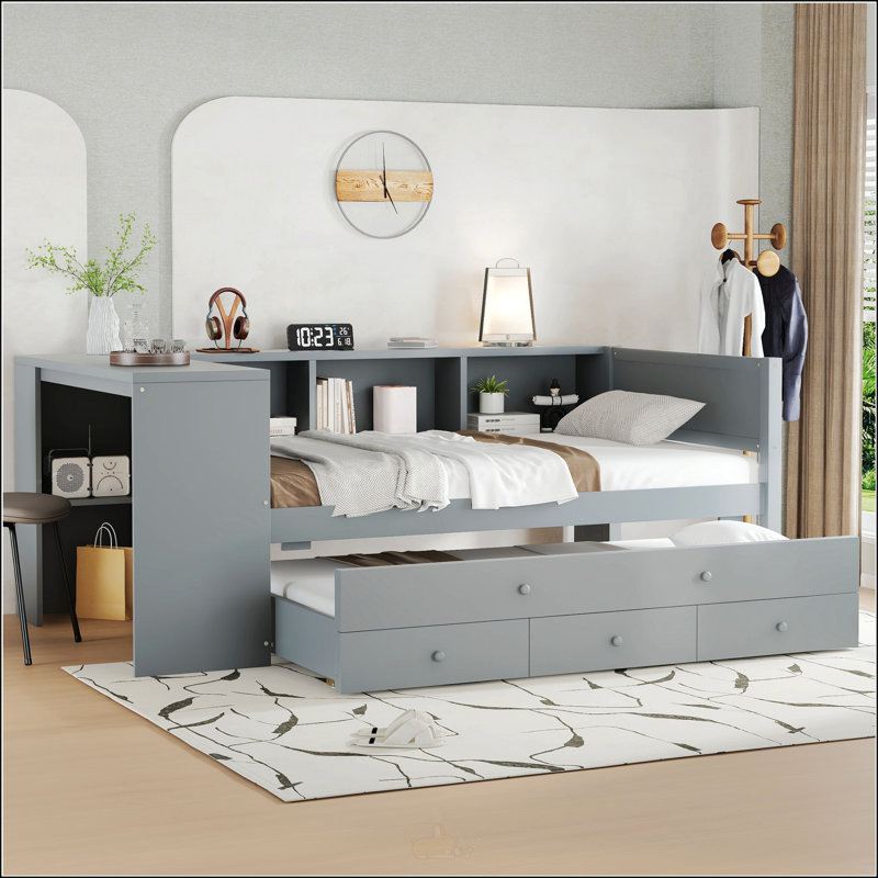 Lit de jour simple avec lit gigogne, Gris, Lit simple