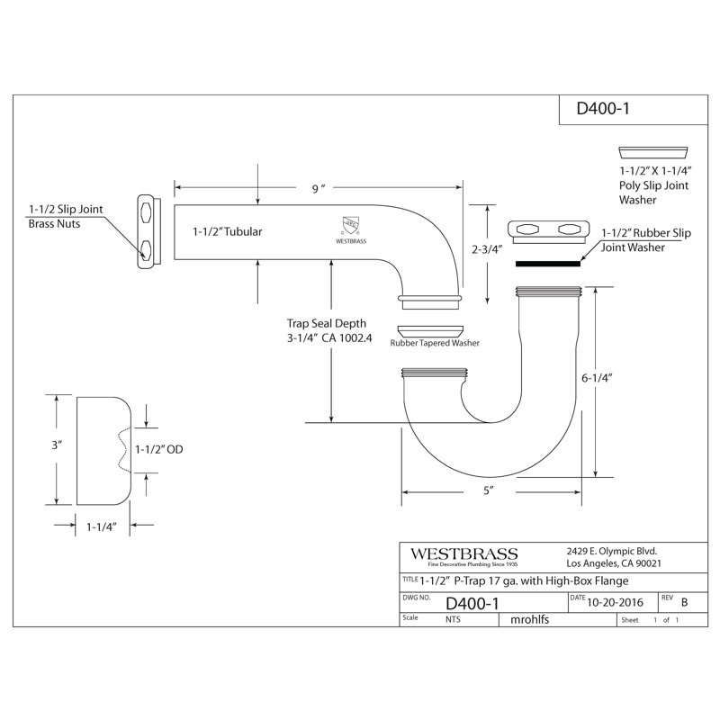 1-1/2" White Brass P-Trap with High Box Flange