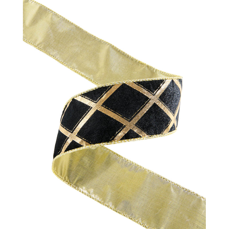 Black & Gold Diamond Wire Edge Velvet Ribbon, 9m