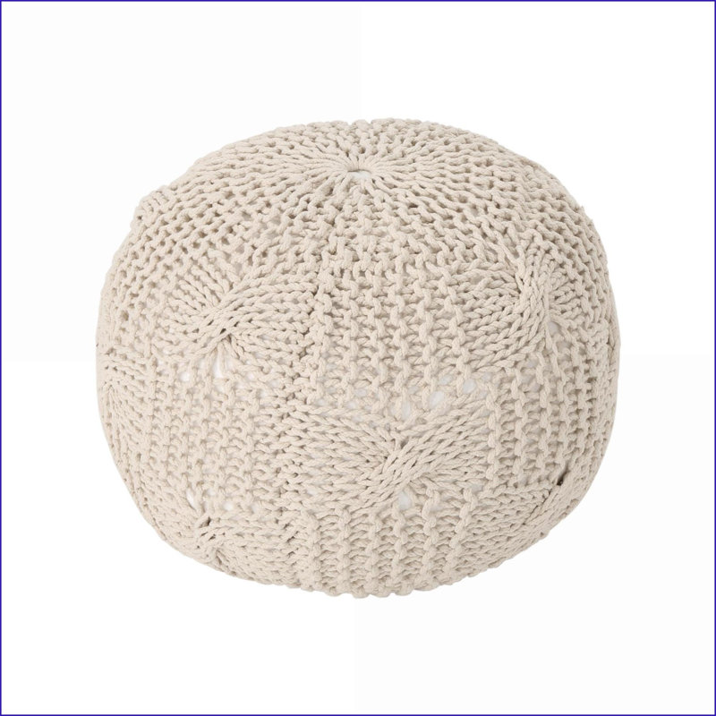 Ottoman Round Knitted Cotton Pouf – Multi-Use Ottoman/Floor Cushion, Beige | Beige | Cotton, Beige