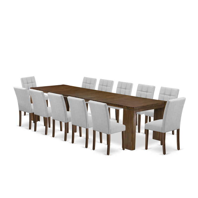 13 Pieces Dining Table Set includes an Extendable Rectangle Kitchen Table and 12 Polyester Fabric Dining Chairs, Antique Walnut