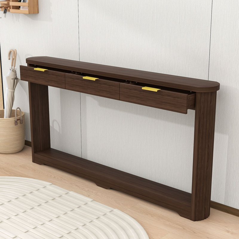 Console de rangement étroite à motif ondulé avec trois tiroirs, Noyer