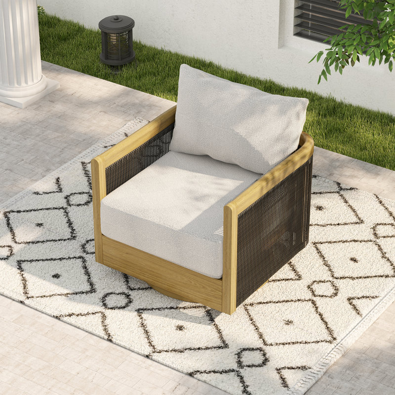Overture 1-Piece Natural Wood Grain Aluminum Hand-Woven Rope Patio Swivel Sofa Chair With Beige Cushions