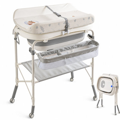 2‑in‑1 Foldable Baby Bathtub & Diaper Changing Table, Adjustable Height Portable Nursery Station with 4 Wheels, Waterproof Pad and Storage Rack for Newborns
