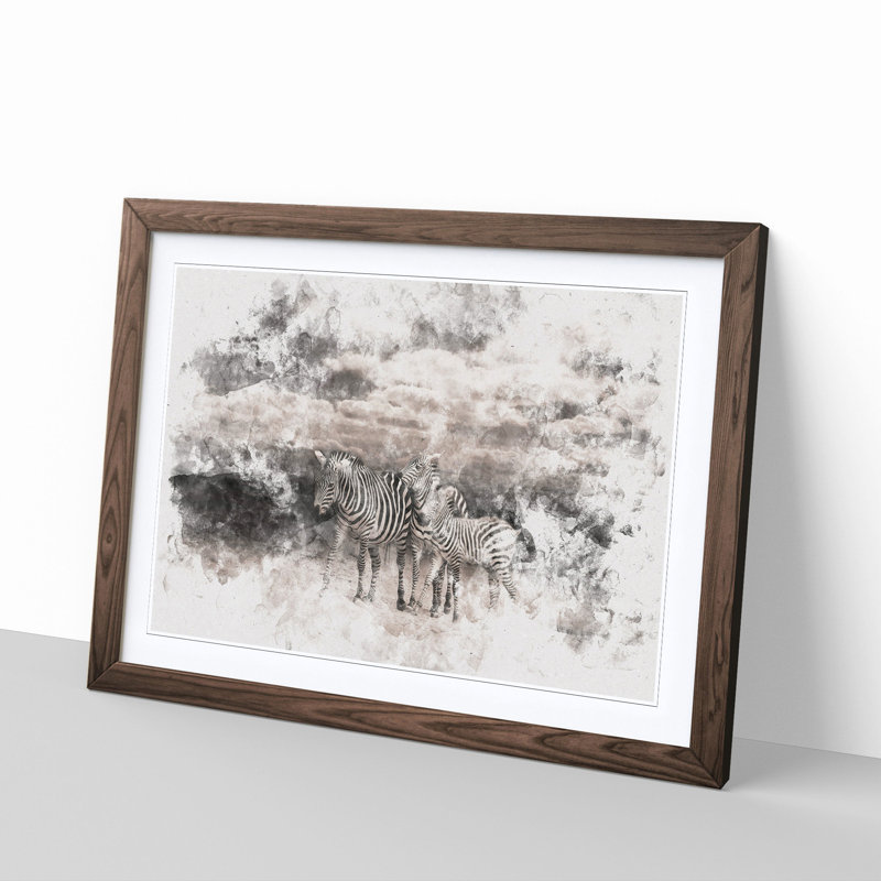 Three Zebras in the Wild Watercolour - Picture Frame Graphic Art Print, 45cm H x 63cm W x 2cm D, Walnut Framed
