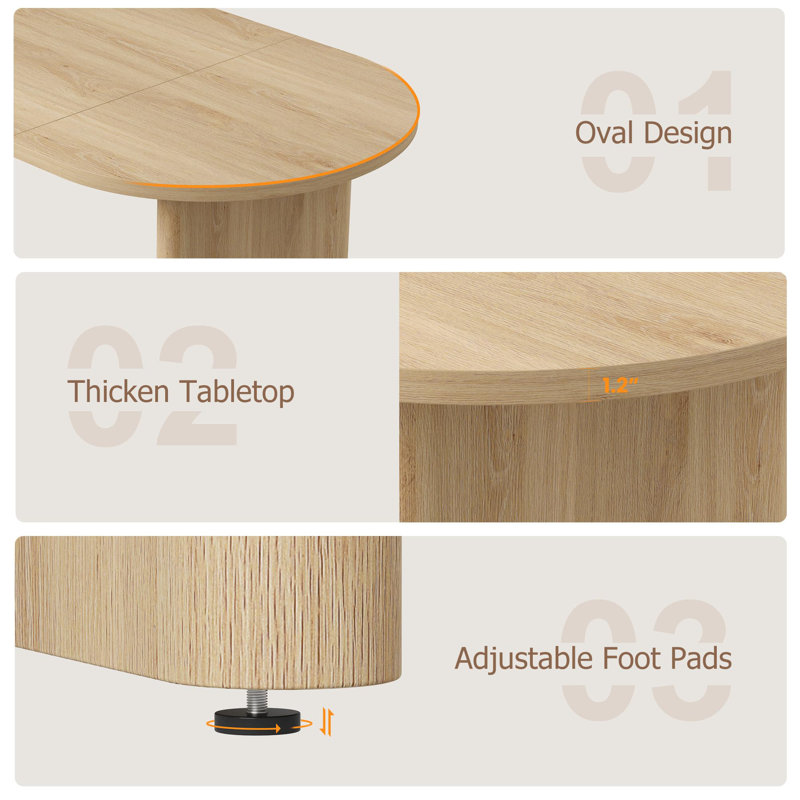 63" Oval Dining Table for 6-8, Farmhouse Kitchen Table with Thick Wooden Base, Natural, 29.9"H x 62.99"L x 31.5"W