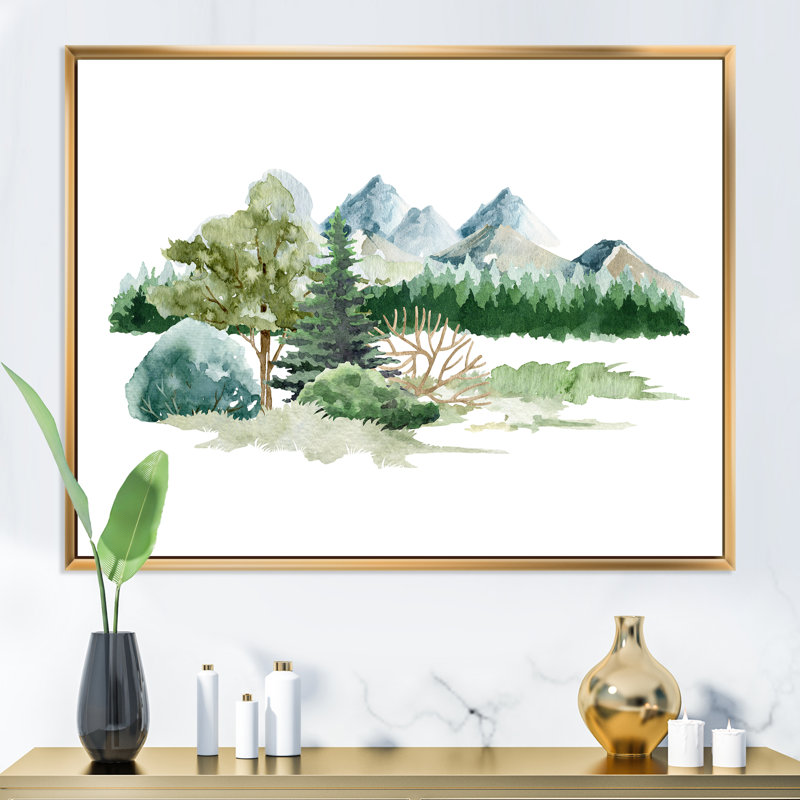 «Trees Bush Grass In Wild Landscape», peinture sur toile, Cadre photo argenté, H 12 po x l 20 po