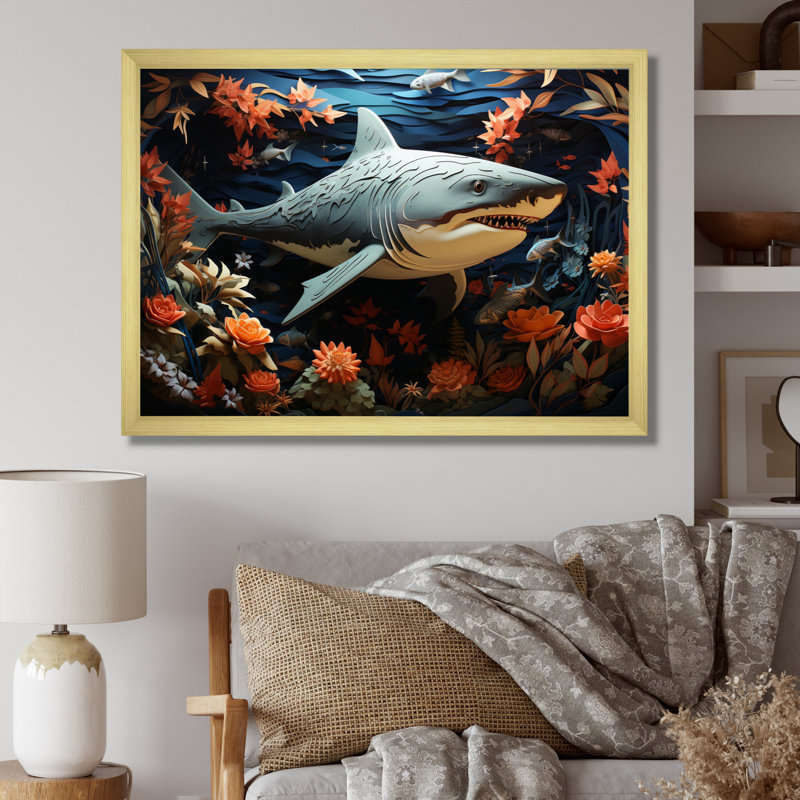 " Blue Shark Silent Hunter Papercut ", Gold Single Picture Framed, 12" H x 20" W x 1" D