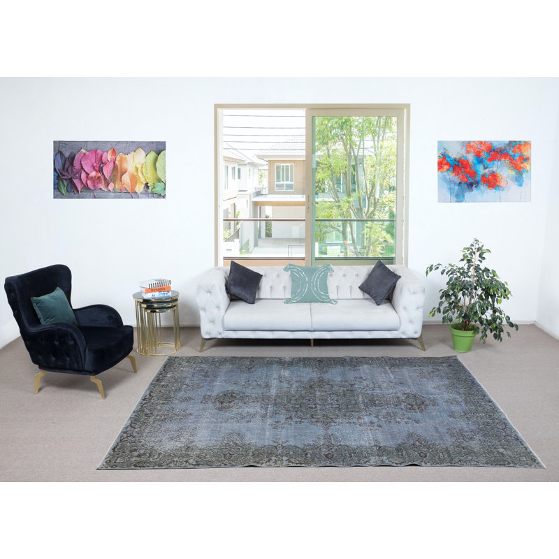 Tapis de couleur bleue 6,6 x 9,5 pi. Tapis turc fait à la main. Décoration intérieure moderne