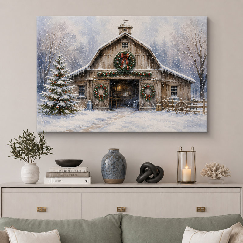 «Snowy Rustic Barn Christmas», art de chambre à coucher, impression sur toile encadrée, Toile tendue