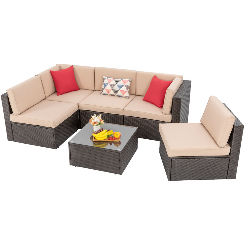 Ensemble de conversation modulaire en rotin 6 pièces avec coussins Arlynne, Beige