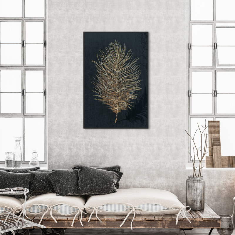 Plume dorée, plume métallique moderne noir - impression sur toile, Cadre flottant en bois noir, H 45 po x l 30 po x P 1,75 po