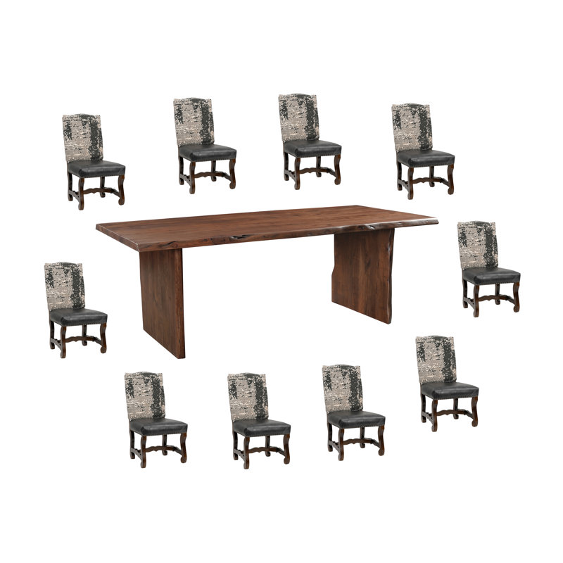 11-Piece Live Edge Solid Wood Dining Set, Brown, Gray/Black