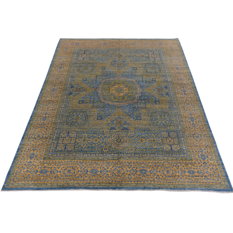 Hand Knotted Wool Area Rug in Blue And Yellow