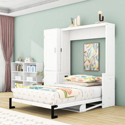Queen Murphy Bed with Built-in Wardrobe and USB Charging Station,Shelves