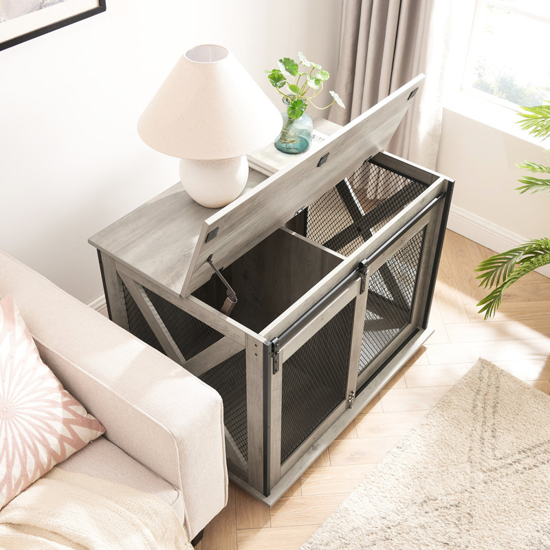 Niche pour chien avec porte de grange coulissante et cloison intérieure réglable, porte amovible grise, finition, Gris délavé
