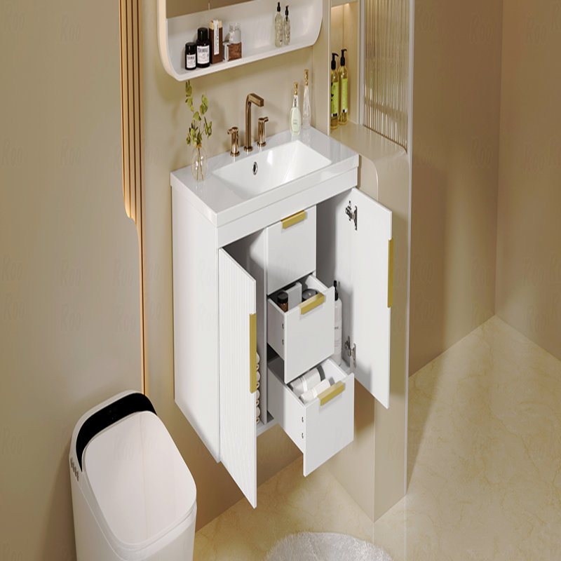 Armoire de salle de bain murale flottante avec 2 tiroirs, armoire de salle de bain murale en bois massif, Blanc