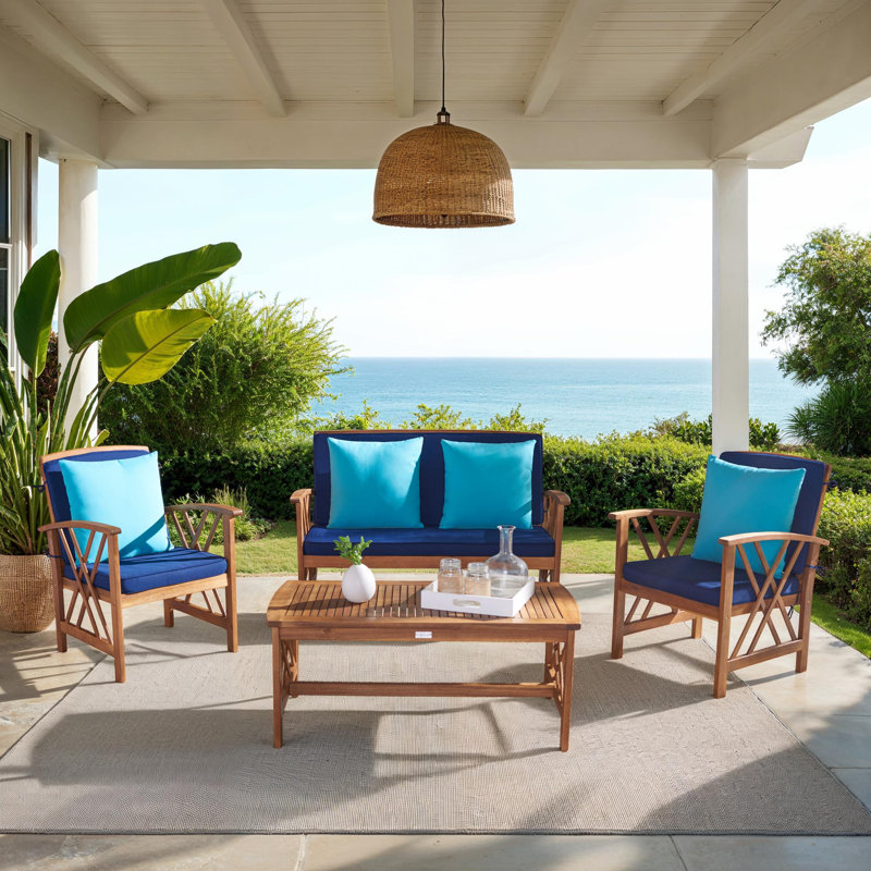 Calhoun 4 Piece Sofa Seating Group with Cushions, Aqua, Navy/Aqua