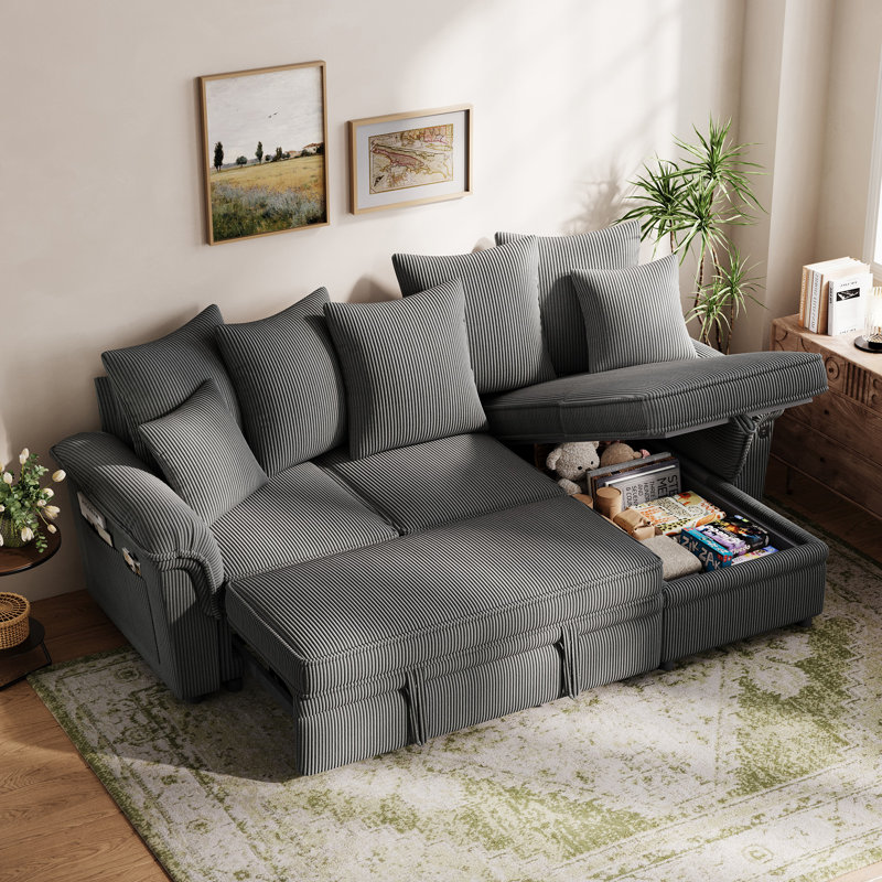  Felipe 90.5'' Upholstered L-shape Modular Sectional with Storage, Pull-out Couch & USB Port, Lena Gray Corduroy