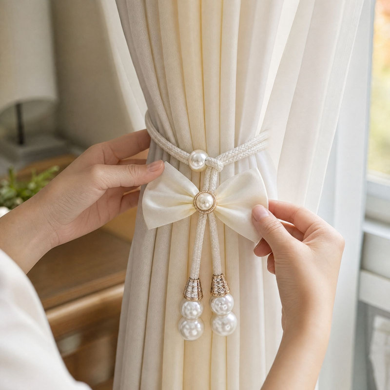 Embrasses de rideaux décoratifs à nœuds avec perles, Blanc