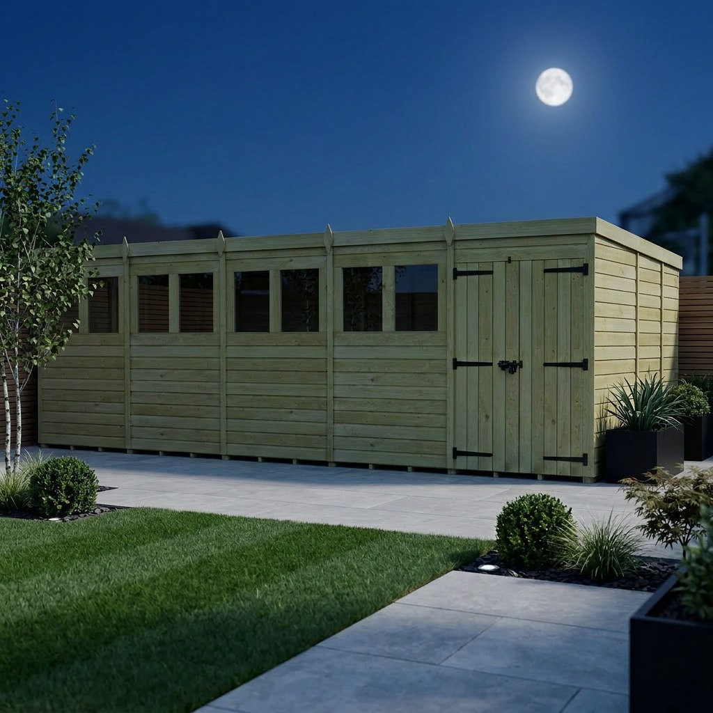 Total Sheds 20ft x 9ft Pent Garden Shed - Double Door - With Windows - Pressure Treated Timber - UK Manufactured