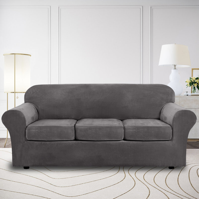 Housse de protection pour canapé extensible en velours moelleux 4 pièces Modern Luxury, Gris foncé