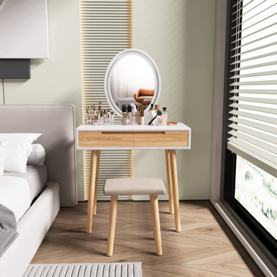 Angeligue Vanity Table Set with Adjustable Brightness Mirror and Cushioned Stool