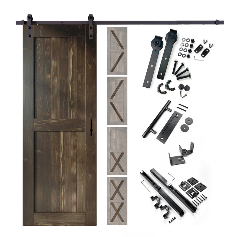 Porte en bois de pin massif 5-en-1 de conception 80 po avec quincaillerie d'installation rustique noire 5 en 1, Ébène