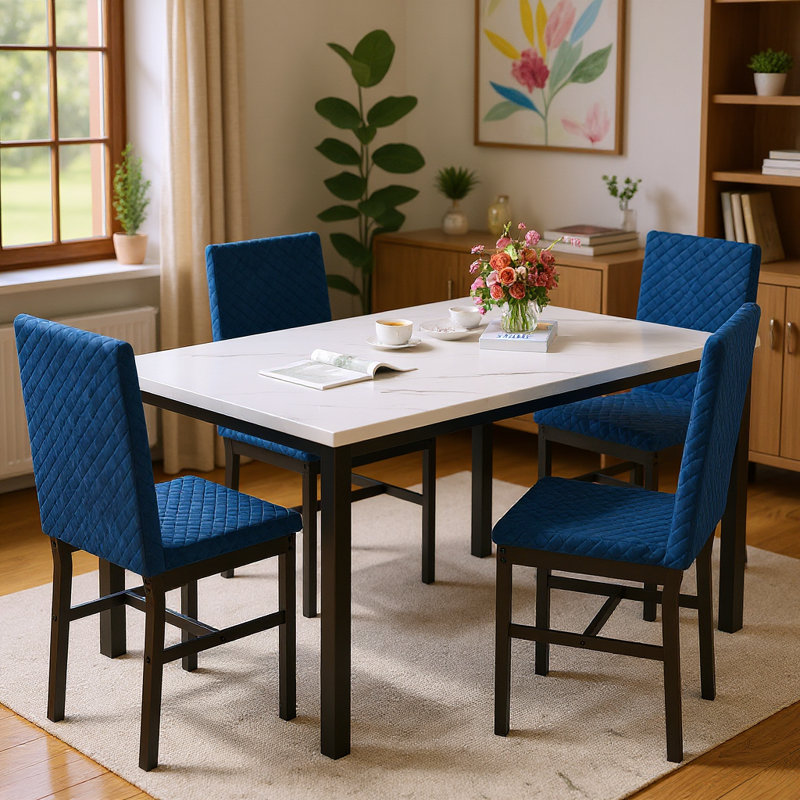 Ensemble de table de salle à manger 5 pièces en faux marbre avec 4 chaises, Blanc, Blue