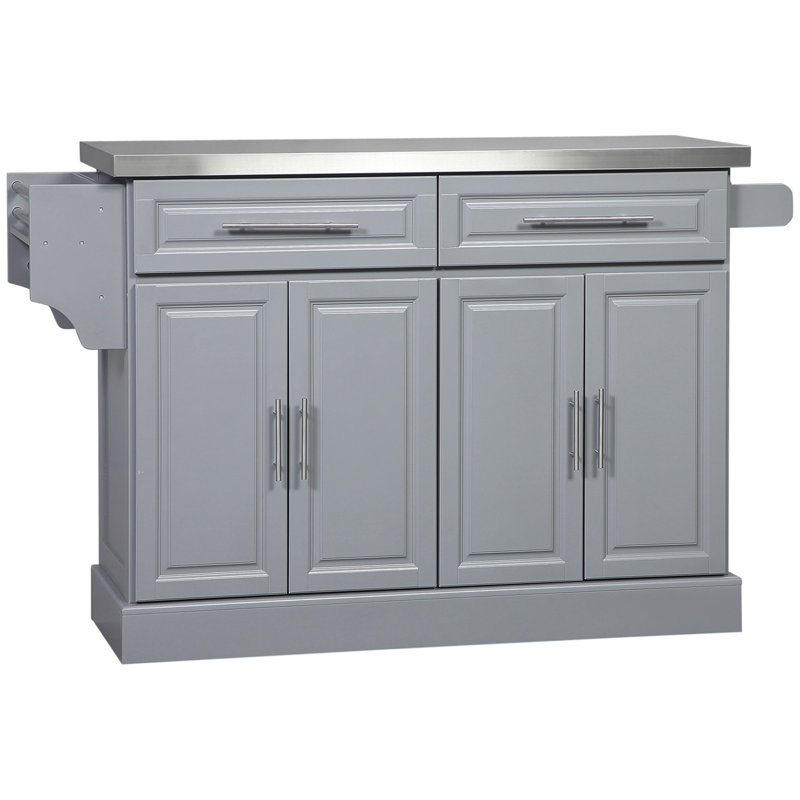 Rolling Kitchen Island With Storage, Portable Kitchen Cart With Stainless Steel Top, 2 Drawers, Spice, Knife And Towel Rack And Cabinets